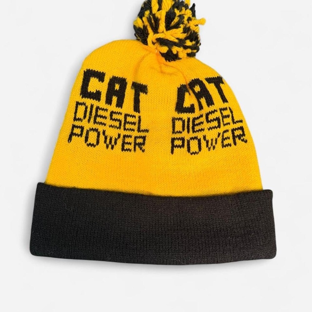 Caterpillar Vintage 80s Beanie Men OS Yellow Pom Pom Knit Hat